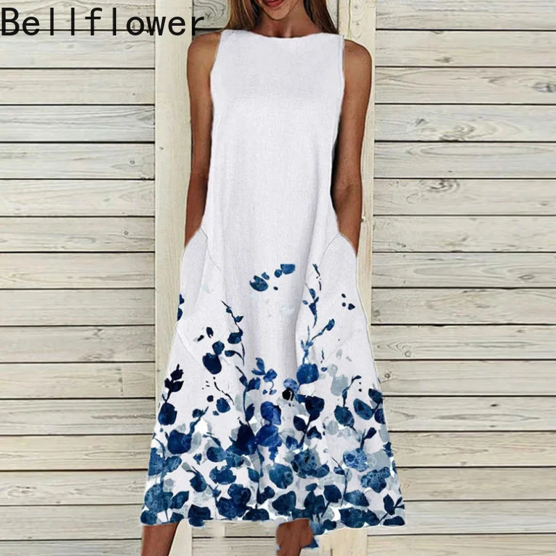 

Floral Print Sleeveless Midi Dress Round Neck Plus Size Loose Dresses for Women Clothing Summer Dress Robe Vestidos