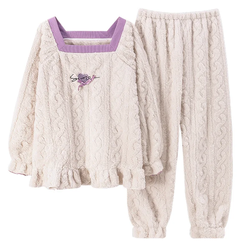 Women Autumn Winter Plush Pajamas Korean Thicken Coral Fleece Plus Size Cartoon Sleepwear Cute Square Collar Home Service Suit