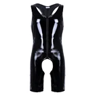 Черные мужские слитные боксеры из лакированной кожи без рукавов с передней молнией и вырезами, нижнее белье