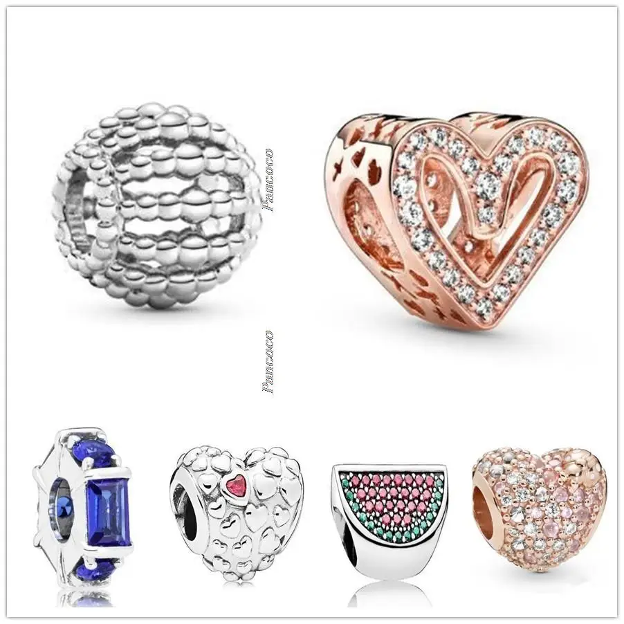 

Authentic 925 Sterling Silver Rose Sparkling Freehand Heart With Crystal Charm Beads Fit Pandora Bracelet & Necklace Jewelry