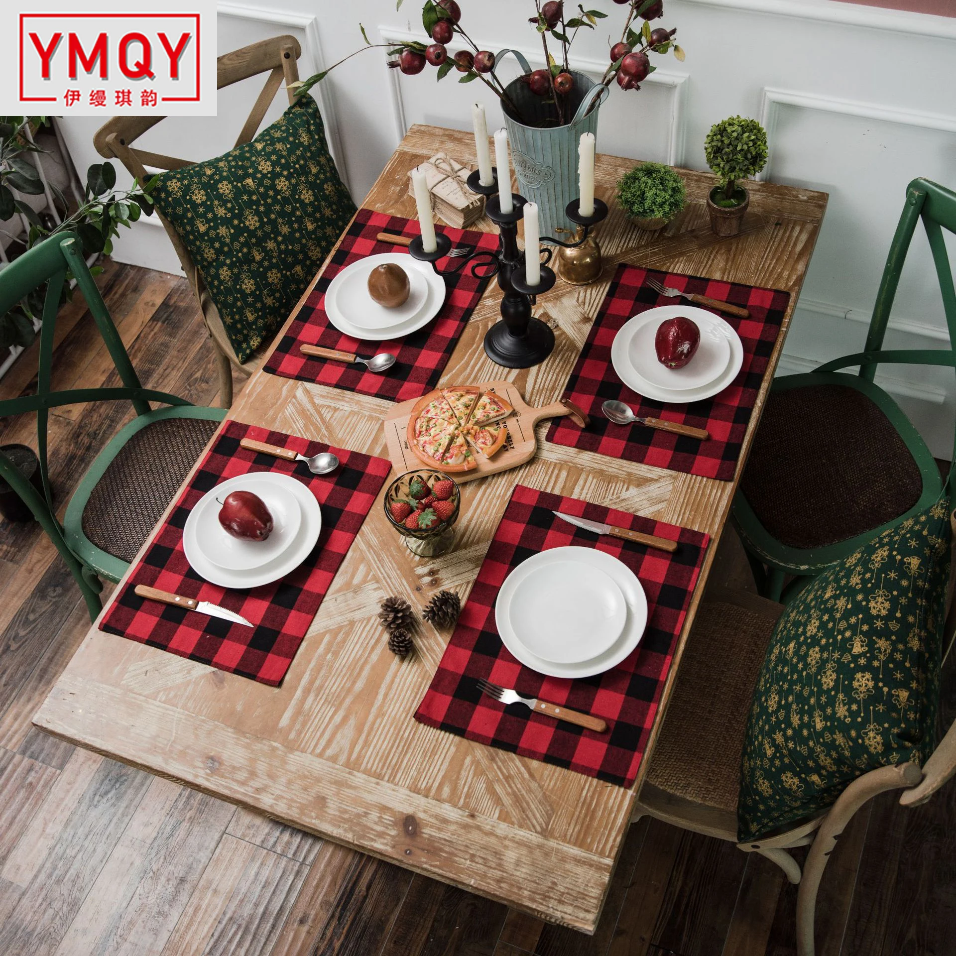 2019 New Year's Festival Placemat red black plaid Christmas double sided mat fabric cotton hemp cup household Drink Coasters | Дом и сад