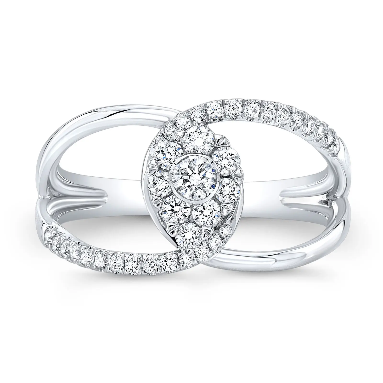 

10K White Gold Diamond Split Double Band Knot Open Cocktail Ring Infinity Bezel