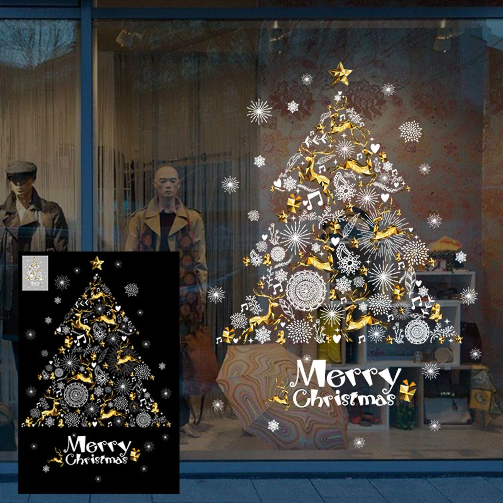 

2021 Brand New Christmas Golden Deer Snowflake Sticker 60x90cm Shopping Mall Shop Window Decoration Glass Sticker Home Decor