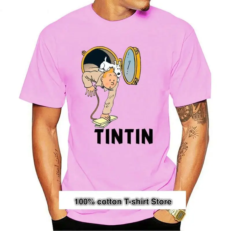 

Camiseta de dibujos animados con logotipo de Tintín y nieve para hombre, camisa de manga corta blanca y negra