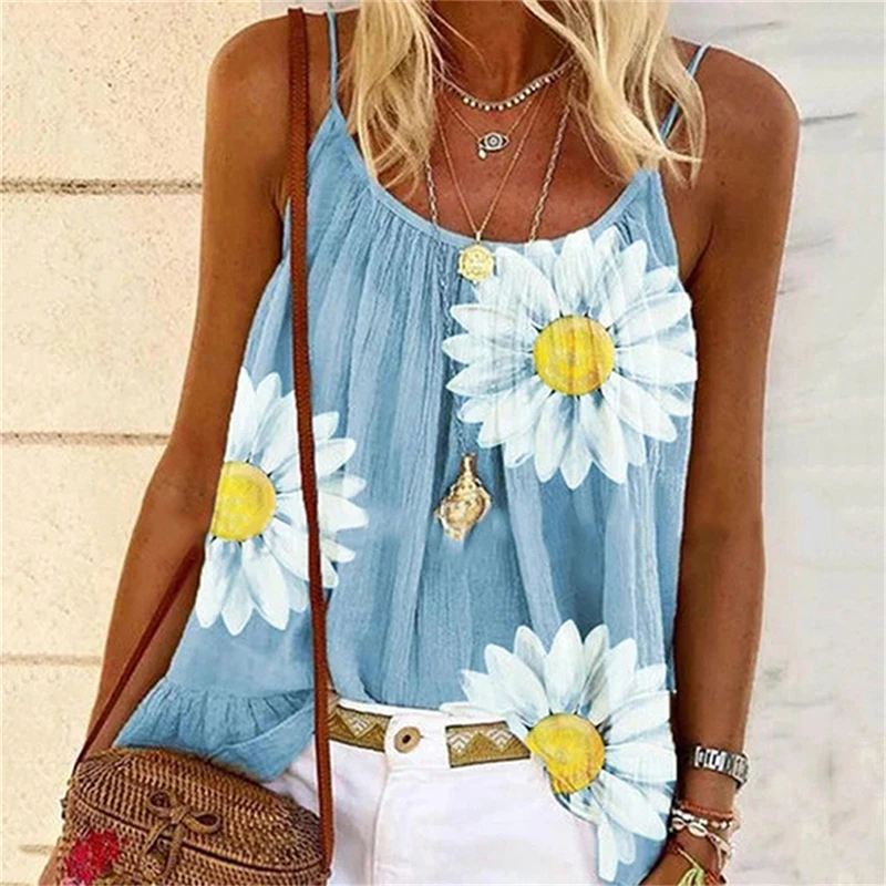 

2021 Summer Daisy Print Blouses Shirt Women Spring Backless Sleeveless Boho Blouse Plus Size Sexy O Neck Beach Straps Tops Blusa
