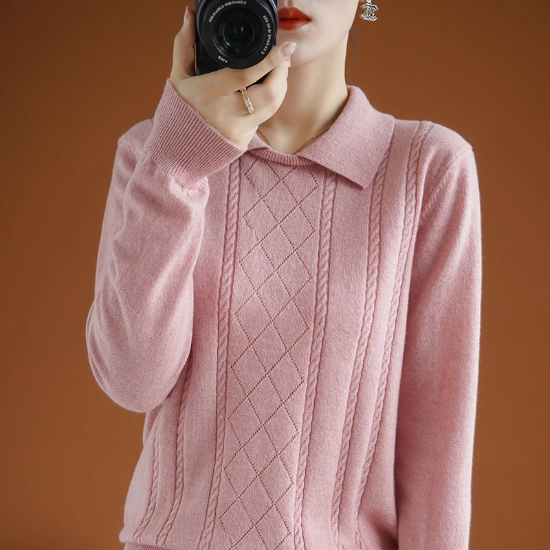 

women's pullover spring sweater turn-down collar long sleeves short casual stylish real wool sweaters female fashion blouses top