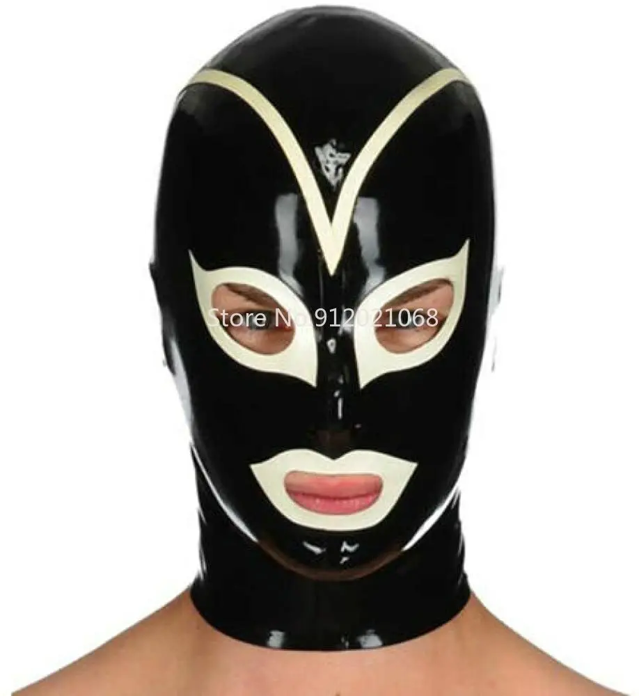 

Black Latex Hood with White Brim Open Eyes and Mouth Unisex Rubber Mask Halloween Costumes for Men Women