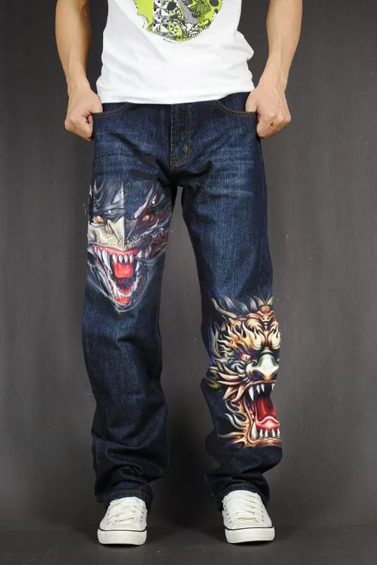 

Men's Long Pants Baggy Loose Fit Jeans Rap Hip Hop Skate Denim Trousers Straight Stretch Casual Trousers Dragon E18