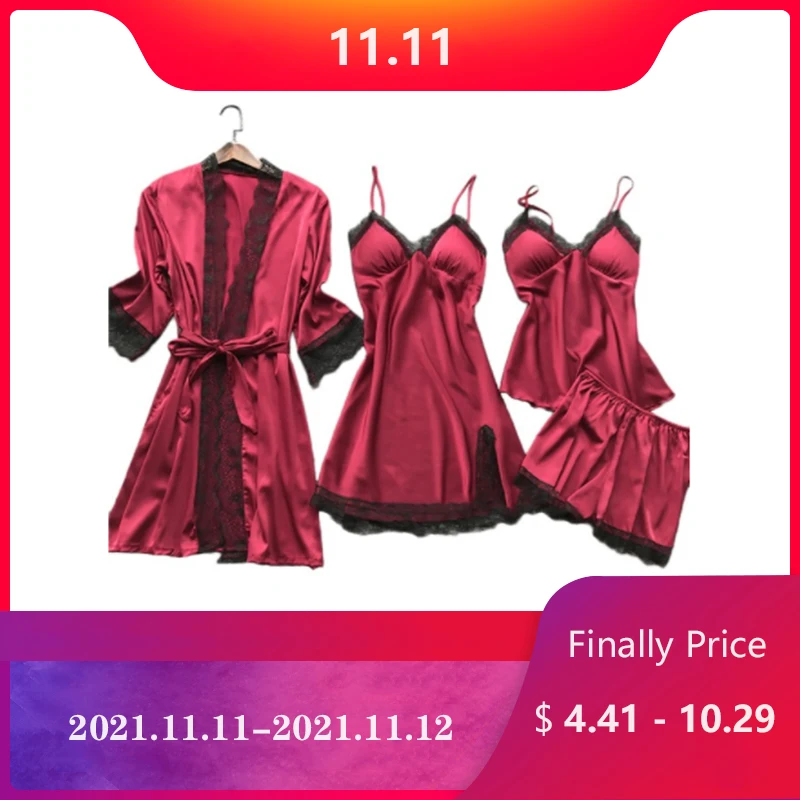 

New Women Pajamas Sets Satin Sleepwear Silk 4 Pieces Nightwear Pyjama Spaghetti Strap Lace Sleep Lounge Pijama With Chest Pads
