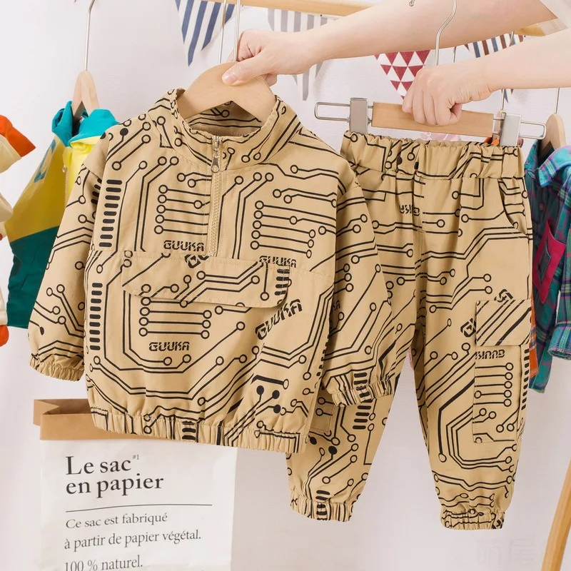 

Children's Sports Suits Spring Clothes Boys' Casual Standing Collar Tooling Circuit Board Pattern Long-sleeve Suit 2-pieces Sets