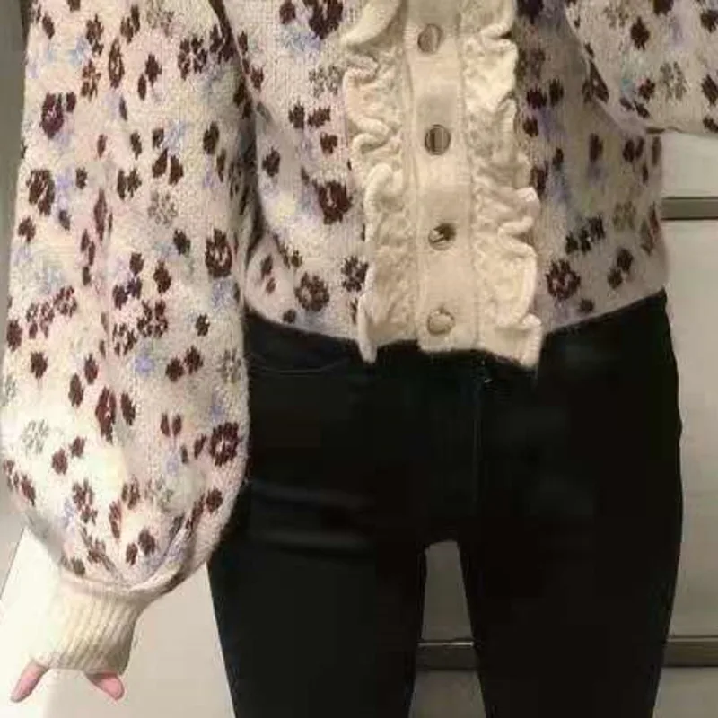 

New Women Fashion O Neck Lantern Sleeve Print Casual Knitting Sweaters Femme Korean Ruffles Cardigan Tops Blusa De Frio Feminina