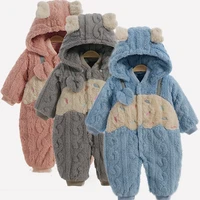childrens thick warm coveralls winter newborn baby plus velvet warm hooded jumpsuit kids homewear outerwear buttoned bodysuit