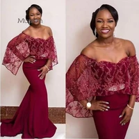 caped burgundy evening dresses mermaid lace african long prom dress satin 2021 plus size nigeria formal dress robe de soiree
