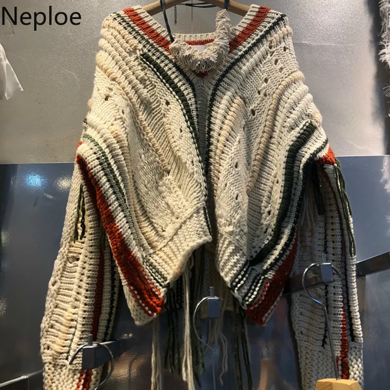 Neploe, корейский дизайн, v-образный вырез, пэчворк, толстый, Pull Femme, Elagant, вязаный свитер с кисточками, женский осенне-зимний пуловер, 46473