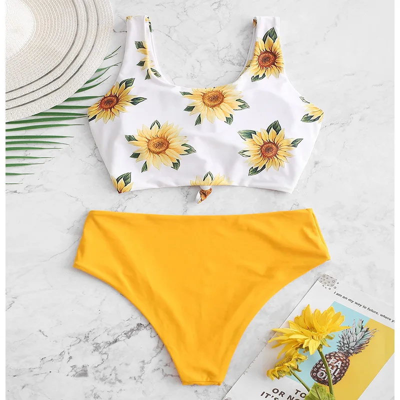 Пикантная обувь с принтом в виде подсолнухов купальник Высокая Талия бикини
