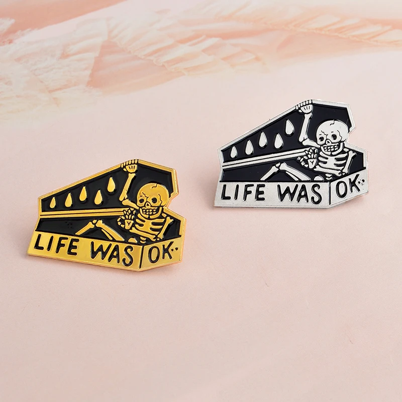 Брошь в виде черепа и гроба LIFE WAS OK эмалированные значки золотистые Серебристые