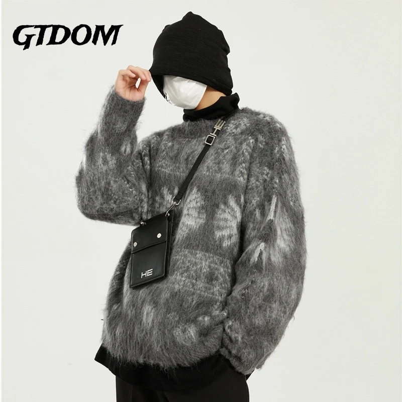 

GTDOM Men Spring Pullover Sweater Korean Style O-Neck Long Sleeve Oversize Print Floral Soft Men Clothes 2021 New Sweaters