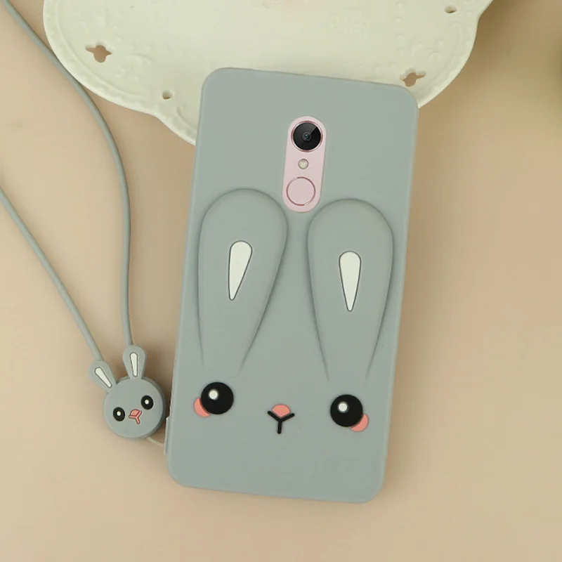 Серый Очаровательный чехол для Xiaomi Redmi Note 5 Plus 3s 3 5A 4A 4X 6A с милым тисненым Кроликом, задняя крышка с силиконовым ремешком, чехол для телефона Fundas - Цвет: Серый