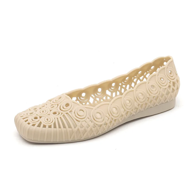 

Women Shoes Waterproof Shallow Mouth Square Head Hollow Jelly Sandals Non-Slip Spring and Autumn Low Top Solid Color Rubber