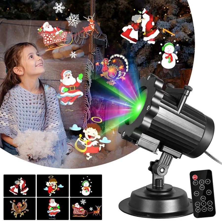 

Christmas Snowflake LED Projector Lights Animation Effect Stage Spotlight 12 Patterns Snowman Laser Light for Christmas Decor