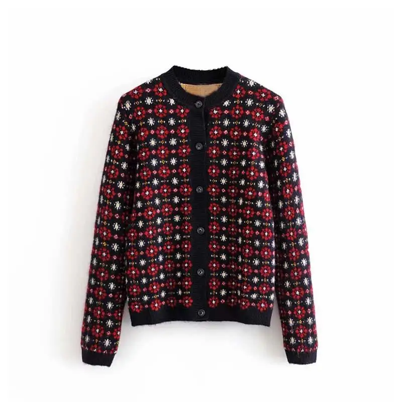 Женский вязаный кардиган с длинным рукавом винтажный свитер цветочным принтом в