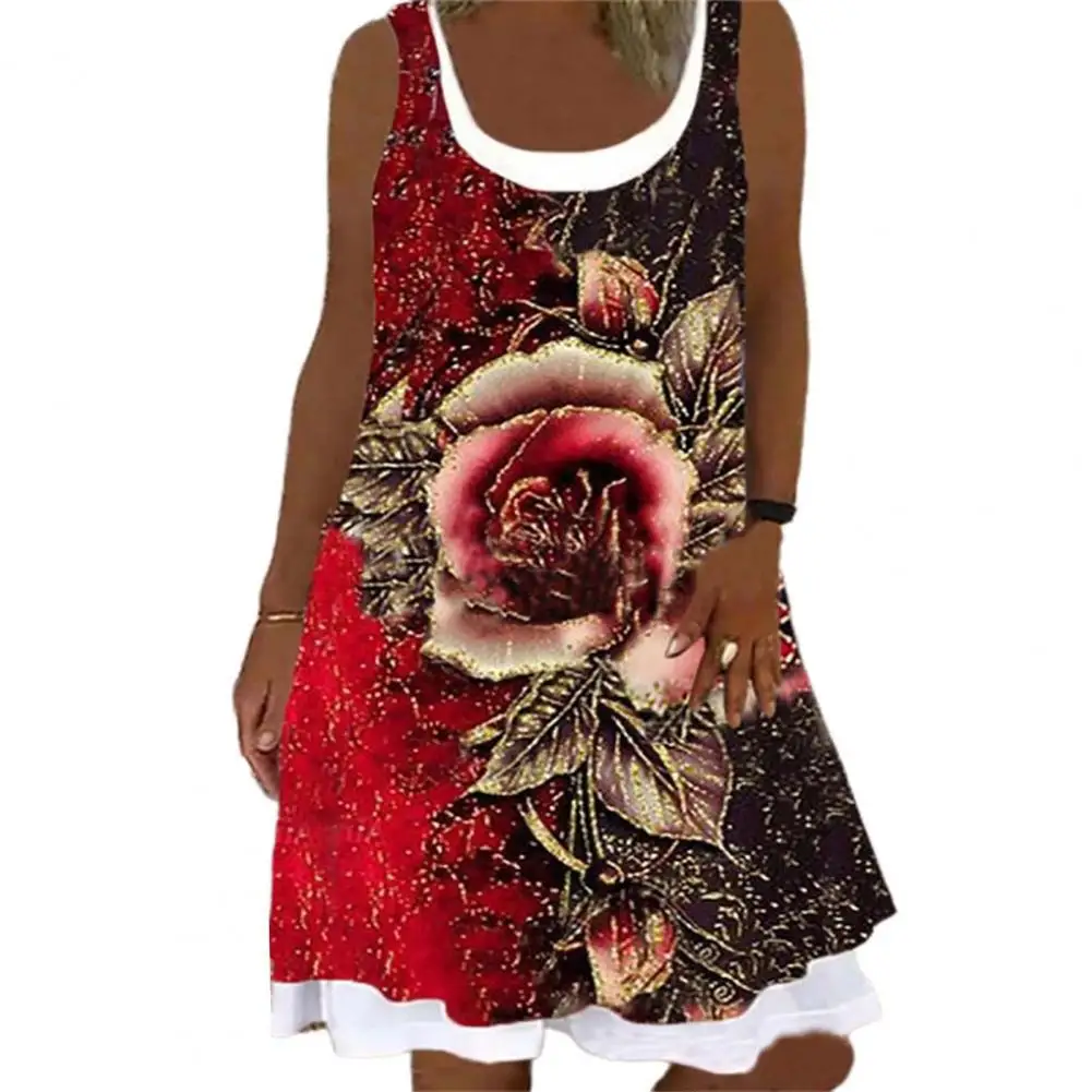 

Women Dress Boho Floral Print Fake Two-piece Polyester Round Neck Sleeveless Dress for Holiday drop shipping wholesale