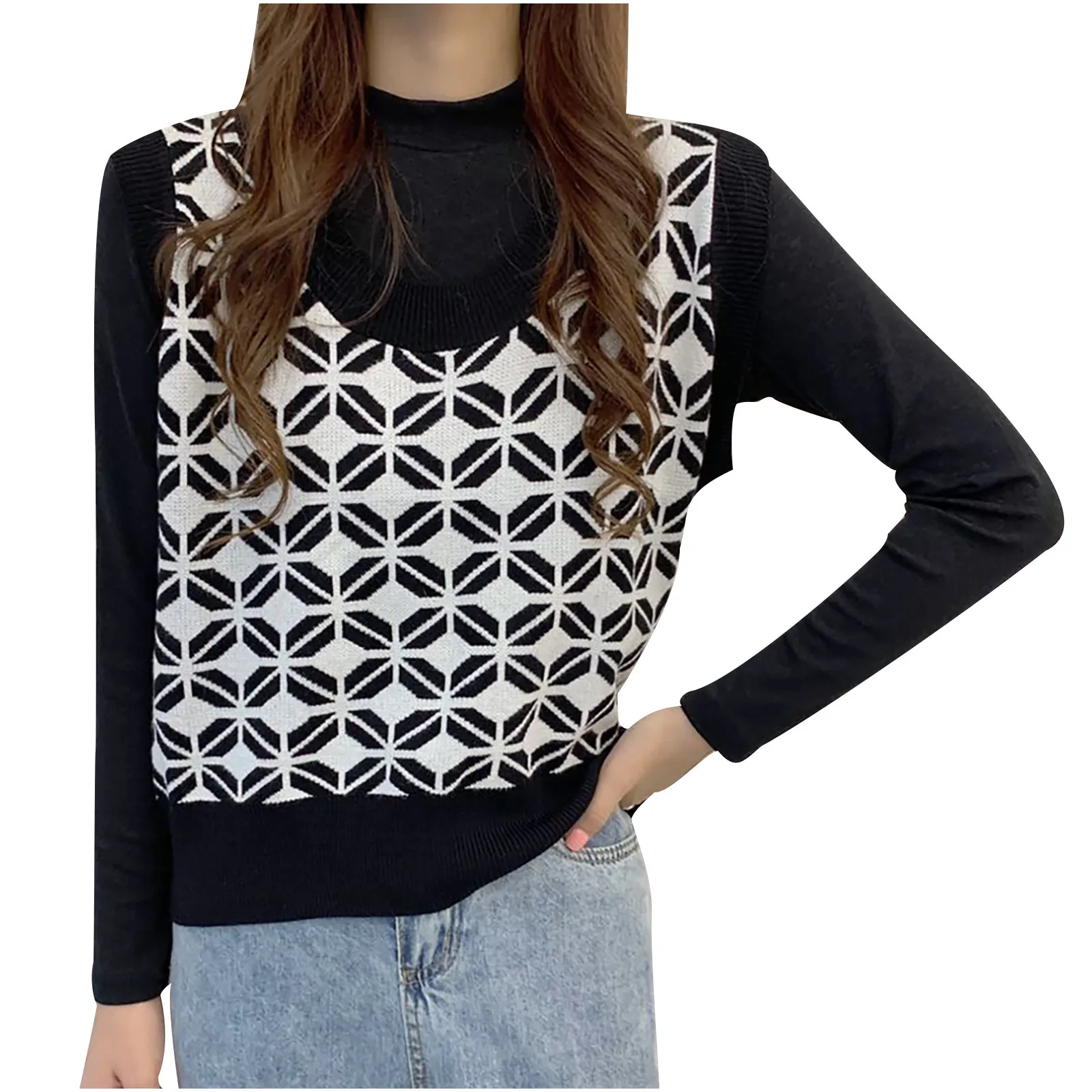 

Fashion Women's Knitted Printed Long Sleeve Sweaters V-Neck Ladies Vest Top