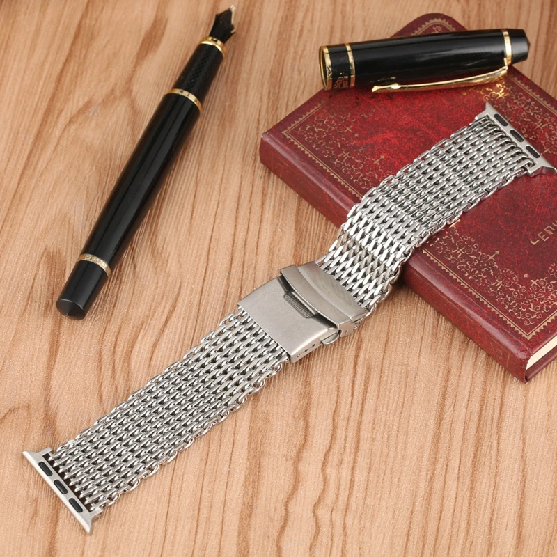 Миланская Акула, сетчатый ремешок для часов Apple Watch, 42 мм, 38 мм, металлический ремешок для браслетов, серебристая пряжка, Роскошные браслеты из нержавеющей стали
