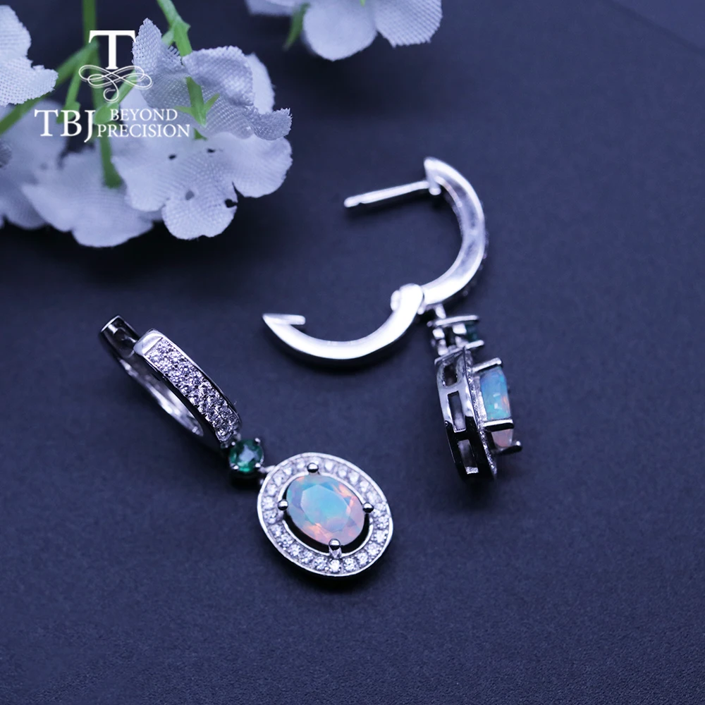 TBJ новая классическая застежка серьги с натуральным опалом и Зеленый Изумрудный