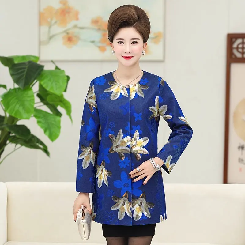

Plus Size 4XL Middle-Aged Women floral print Jacket Coat Spring Autumn Casual Outerwear