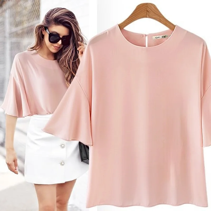 

Loose Flared Sleeve Top Loose Slim Short Sleeve Chiffon Shirt