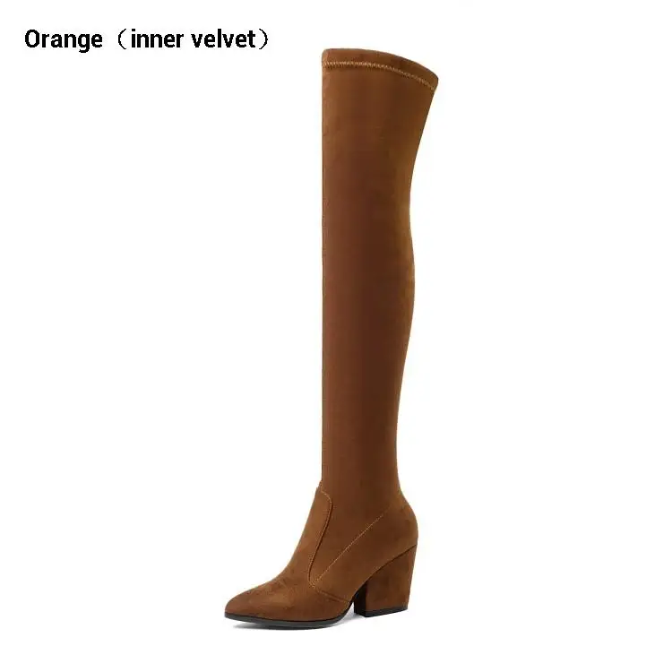 Orange(velvet) CDAXILAN/Новое поступление, Сапоги выше колена женские сапоги до бедра из искусственной замши женские зимние сапоги на высоком каблуке 8 см - Цвет: Orange(velvet)