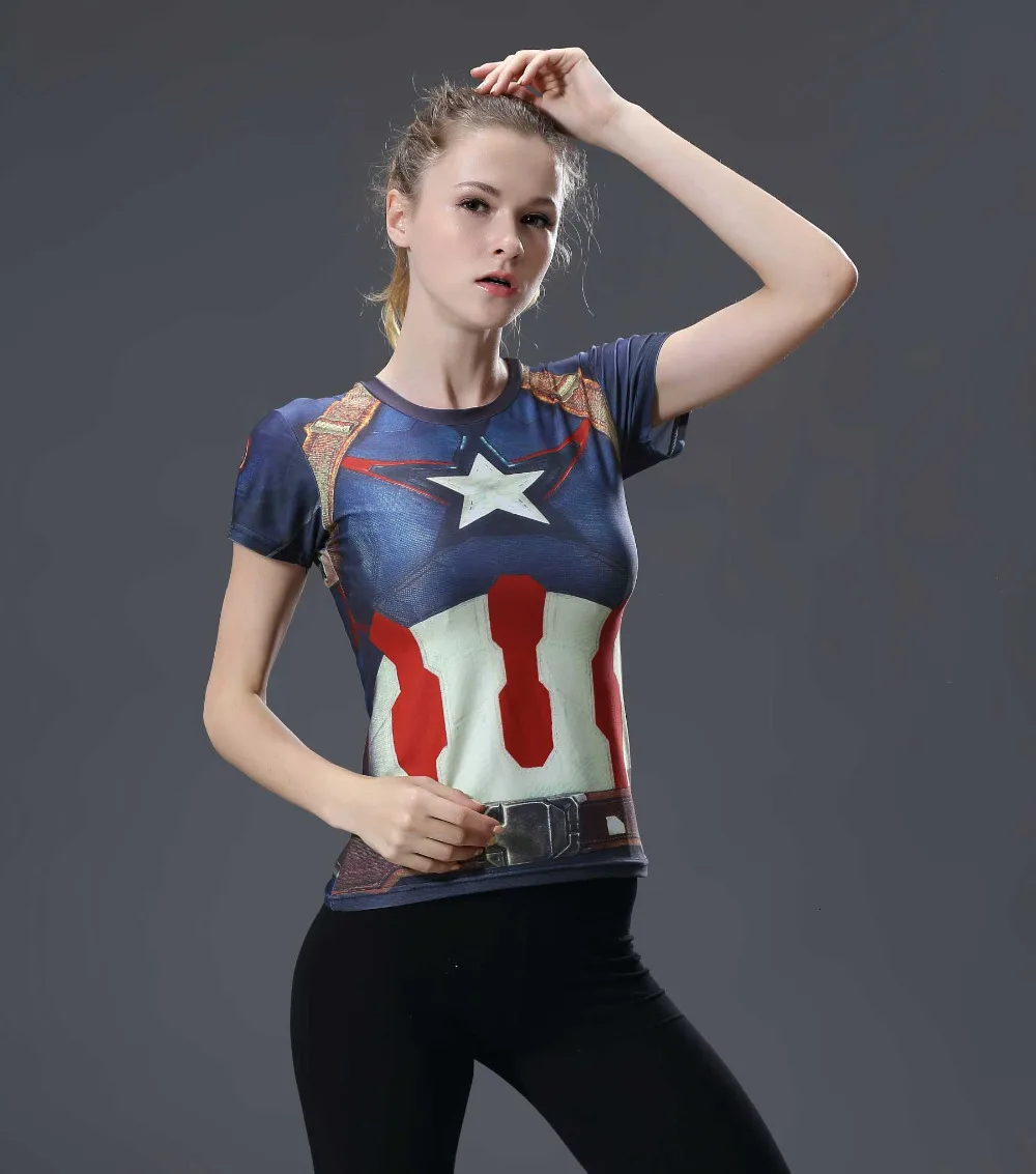 Летняя женская компрессионная футболка Marvel Капитан Америка, быстросохнущие футболки для упражнений, топы с коротким рукавом, Camisetas Mujer, Прямая поставка