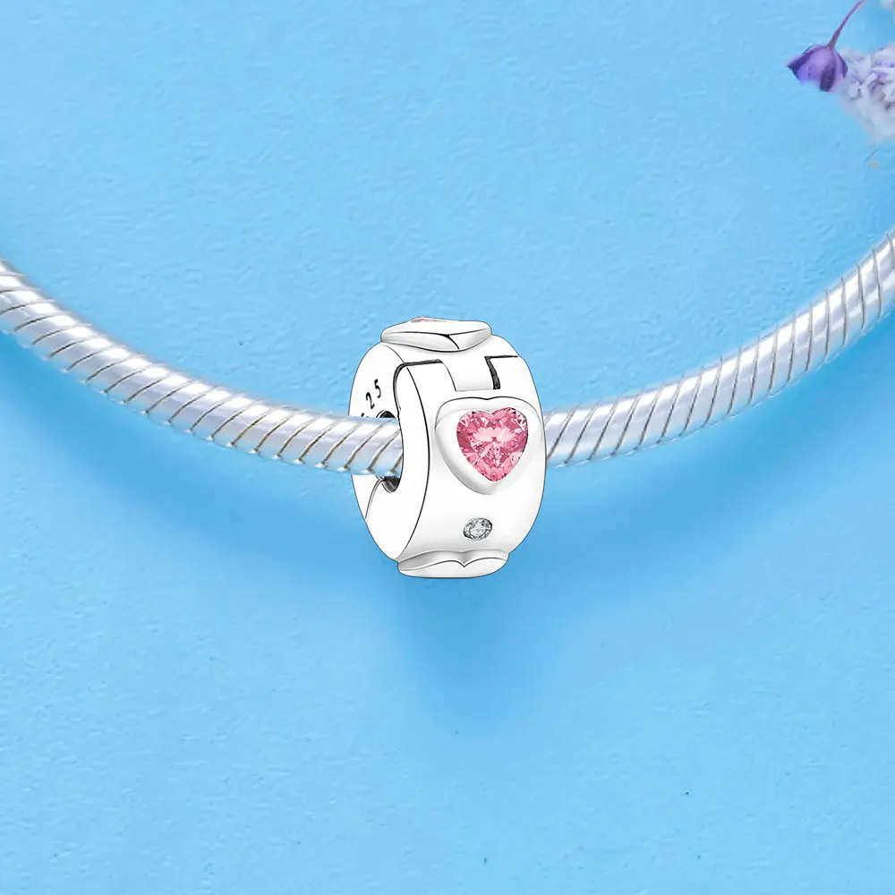 

Berloque 925 Sterling Silver Round Clip Beads with Zircon Charms Fit Original Charms Bracelet Jewelry Making