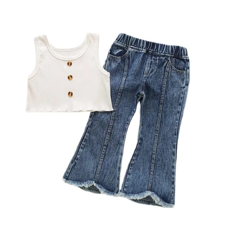 

Детская модная одежда для девочек, белый жилет для маленьких девочек, топы, джинсовые штаны с колокольчиком, наряды, детская повседневная од...