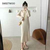 2021 new french style long sweater dress knitting solid dress womens autumn and winter wear minimalism dress