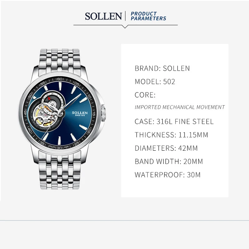 SOLLEN Королевского синего цвета автоматические мужские механические наручные