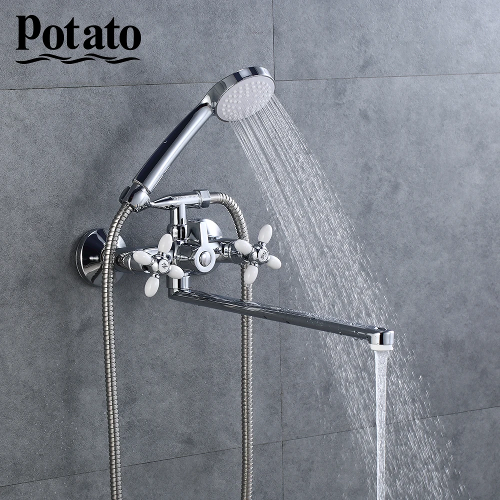 potato bathroom shower faucet 5 colors bright mordern long nose hot and cold water mix with shower head shower set p2771 free global shipping
