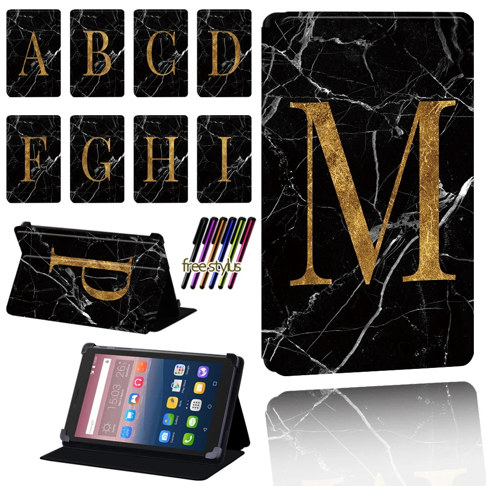 

For Alcatel OneTouch Pixi 3 7"/8"/10"/Pixi 4 7" Tablet Black Marble Case Foldable Dust-proof Protection Cover + Stylus