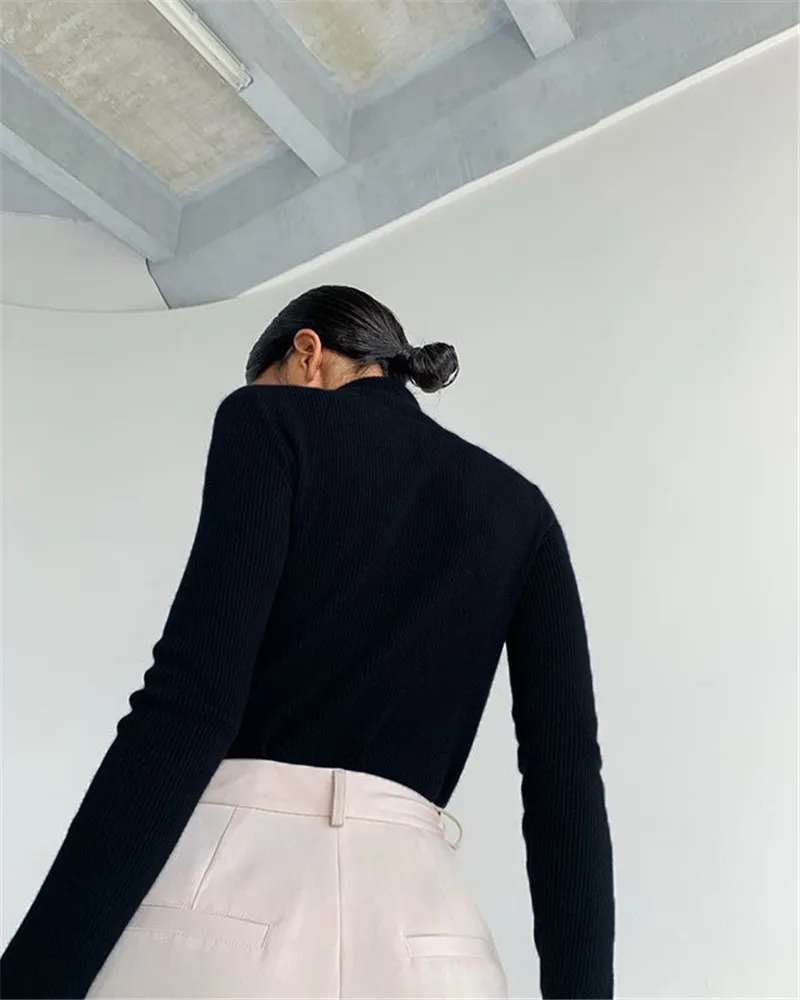 

Ribbed Knitted Turtleneck Top Women Hollow Out Casual Long Sleeve T Shirt Skinny Autumn Winter Slim Tee Lady Harajuku Clothing