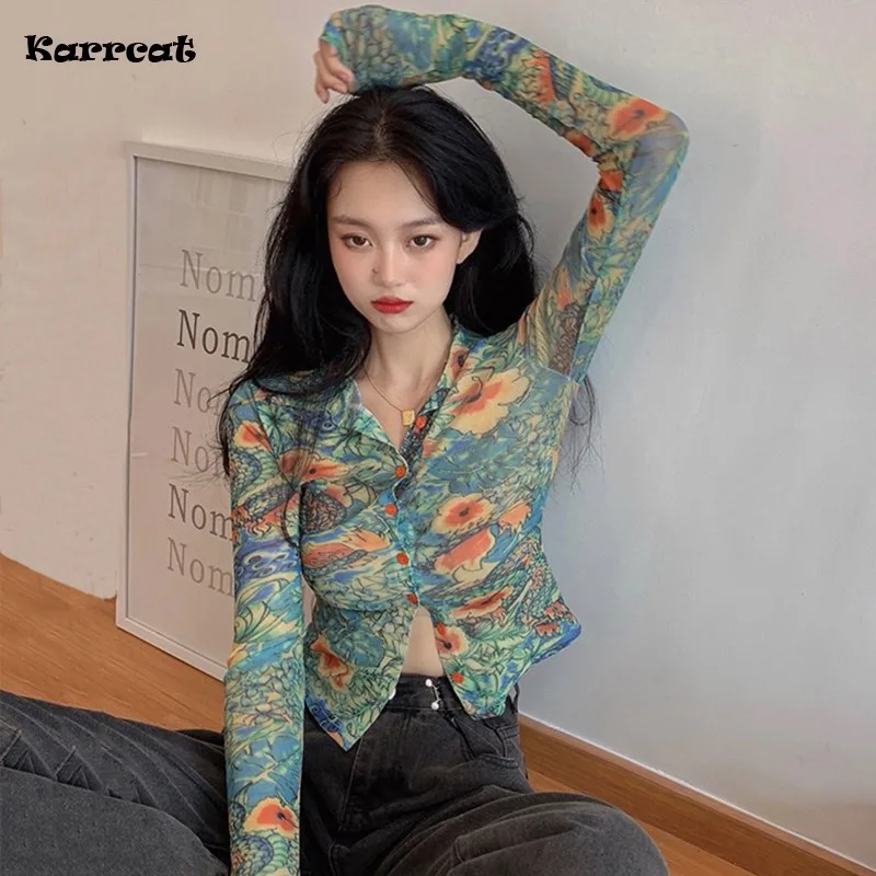 

Women Slim Short Long Sleeve Dragon Flower Graffiti Printed Button Blouse Korean Autumn Crop Top Bandage Harajuku Sexy Tee Shirt