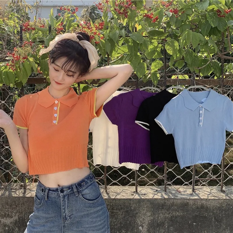 

Women Striped Short T-shirt Casual Turn-down Collar Tee Tops Short Sleeve Harajuku T-shirts