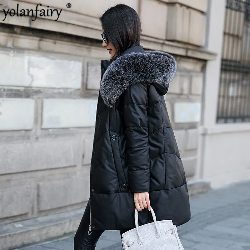 Женский пуховик из натуральной кожи зимнее пальто с капюшоном и воротником