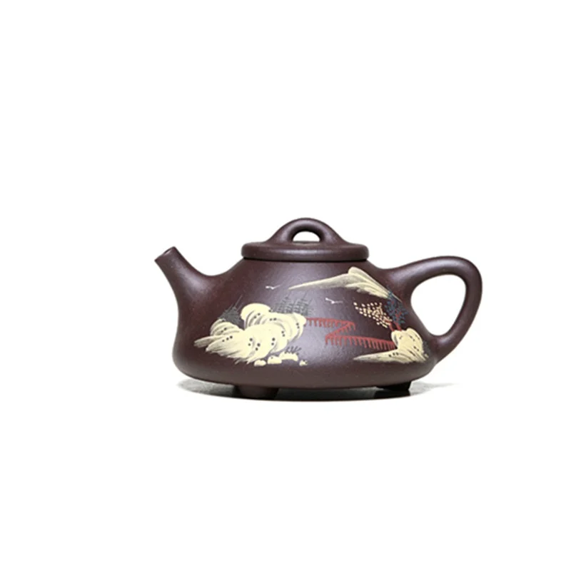 

Yixing Purple Clay Teapot Handmade Mud Painted Raw Ore Purple Mud Landscape Stone Scoop Household Teapot Chinese Tea Set