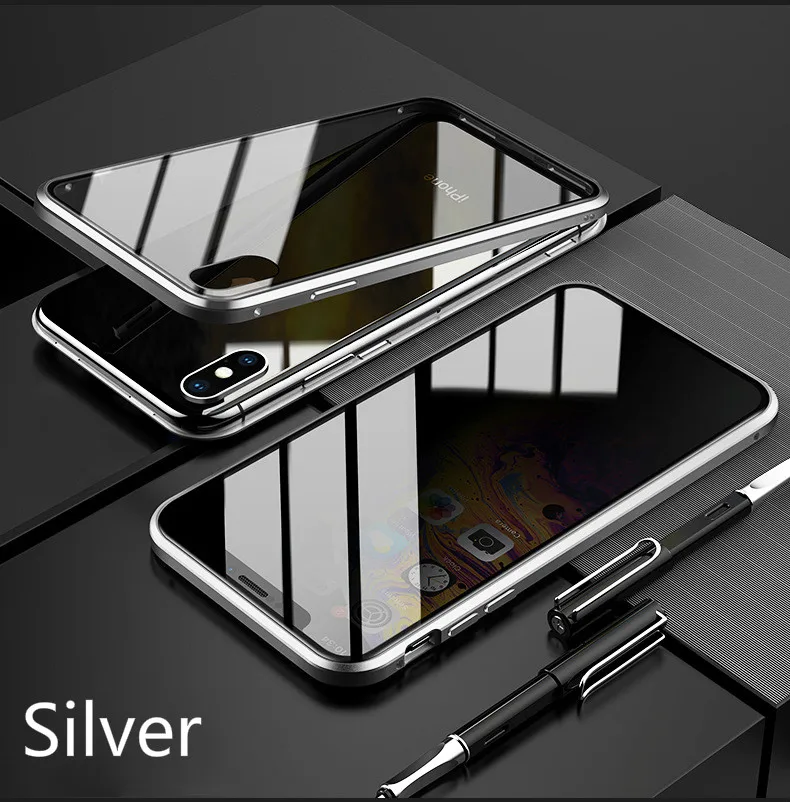 Silver Для iPhone XS MAX анти-открытый чехол для телефона XR Магнитная Адсорбция двойное стекло в рамке i7 8P защитный чехол - Цвет: Silver
