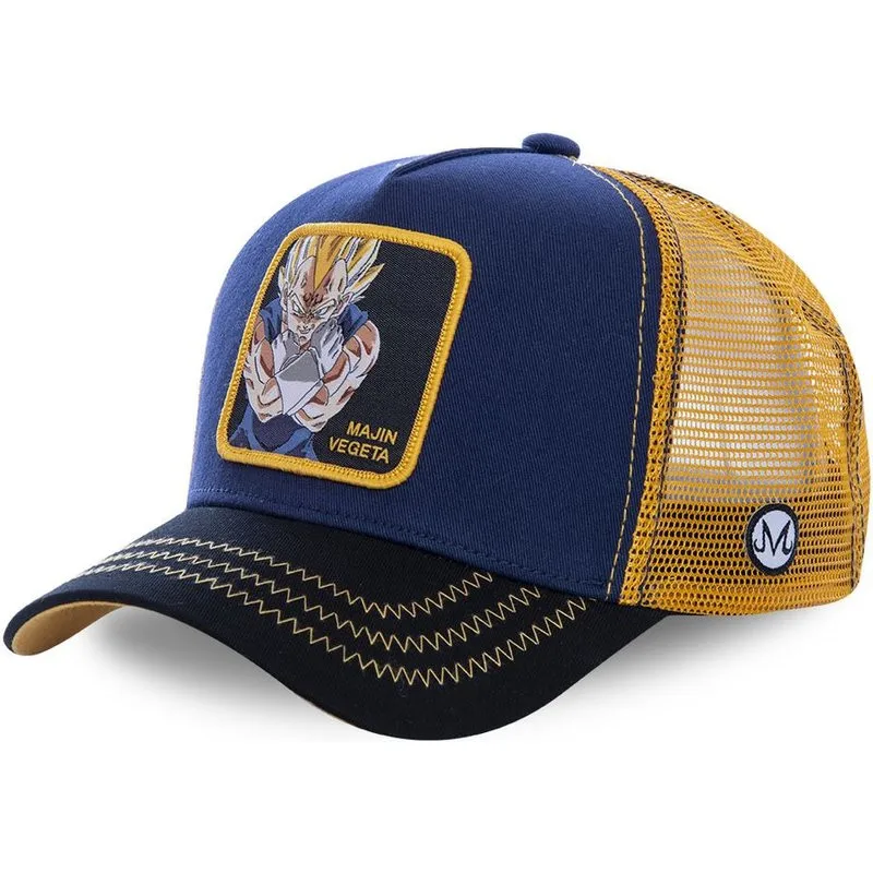 

Nuevo DBZ sombrero de malla Anime Majin Vegeta gorra de beisbol de alta calidad curva de borde negro y azul marino del casquillo