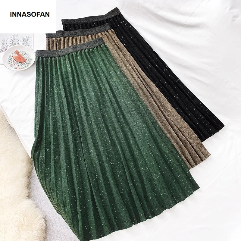 INNASOFAN плиссированная трикотажная юбка женская осень весна длинная высокая талия