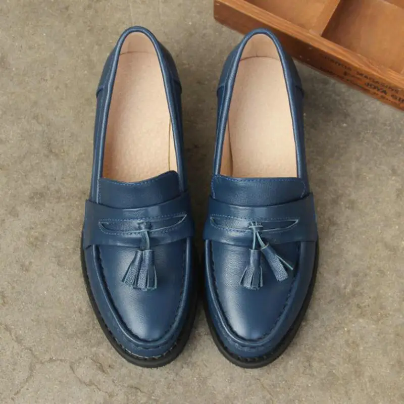 Женские винтажные Туфли оксфорды из натуральной кожи темно синие туфли на
