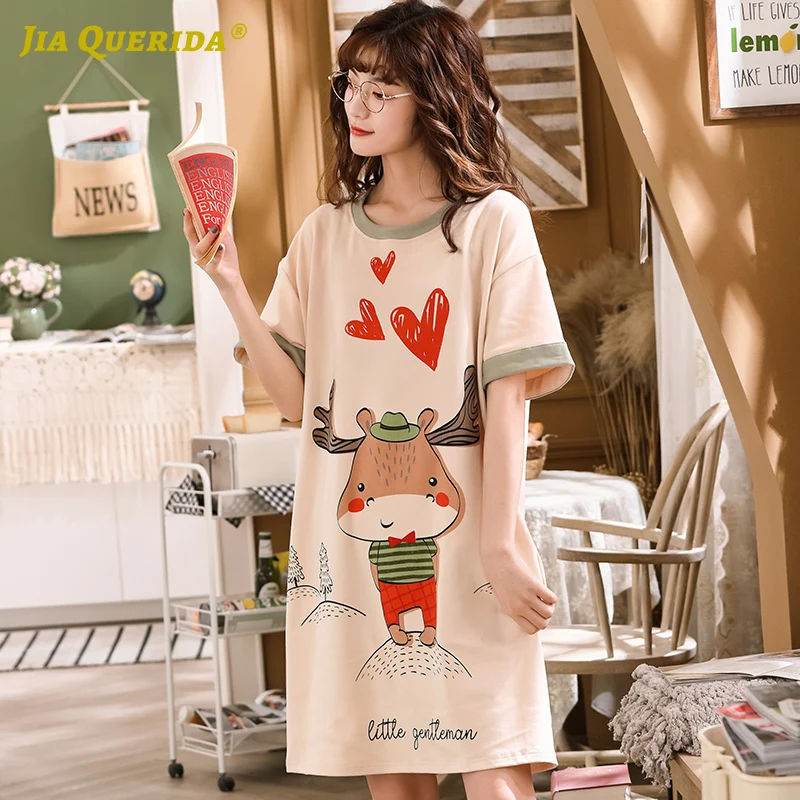 

New Summer Short Sleeve Women Clothes Cartoon Printing Crew Neck Home Dress Fashion Style Casual Style Long Shirt Night Wear