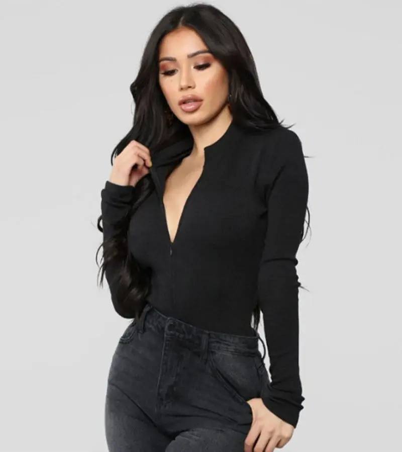 

Women Long Sleeve V Neck Casual Jumpsuit Stretch Leotard Bodysuit Tops Blouse Solid Red Bodysuit